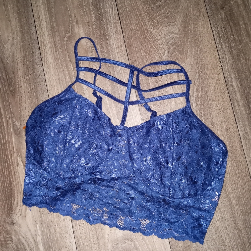 New blue floral lace strappy bralette plus size 1x